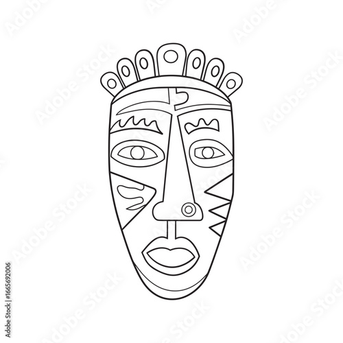 Modern abstract face mask illustration in a geometric cubist style. Black and white ethnic tribal line art vector for coloring.
