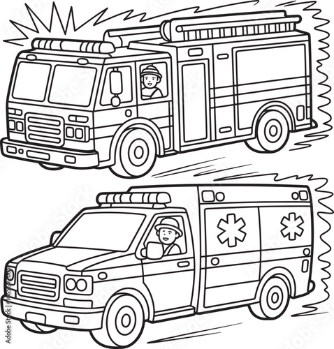 Children s coloring page featuring a fire truck and an ambulance