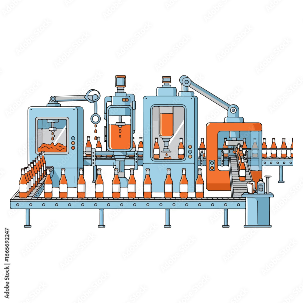 Fototapeta premium Automated bottling process with conveyor belt and filling machines