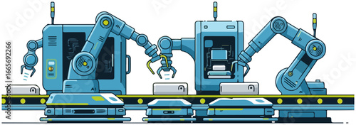 Automated factory production line with robotic arms and conveyor belt