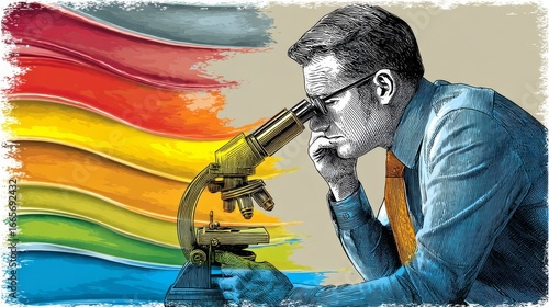 A focused observer examines a specimen under a microscope, wearing glasses and formal attire,