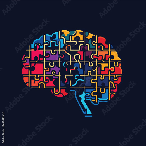 One single line drawing of human brain forming from pieces of puzzles logo identity
