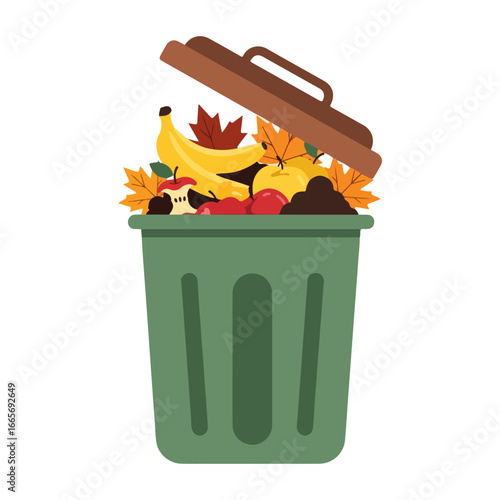 Cartoon trash can filled with organic waste and autumn leaves