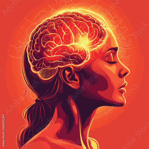 Red epicenter of the pain of brain Pain in human head Brain disease concept