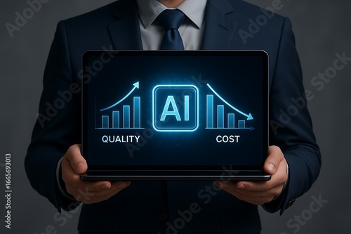Person in dark suit holding tablet showing A I improving quality and reducing cost artificial intelligence