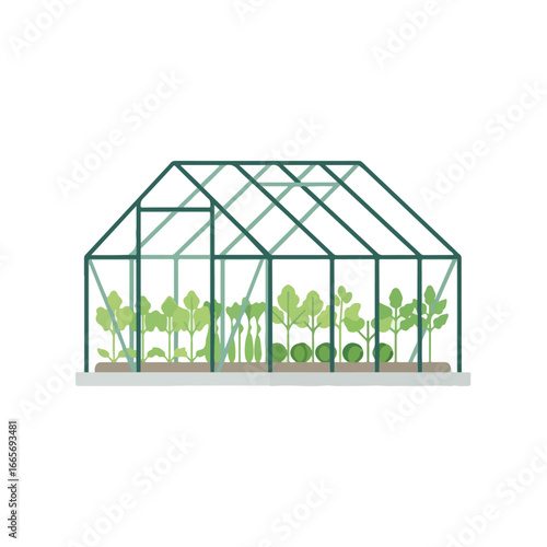 Minimalist greenhouse illustration with plants and vegetables inside