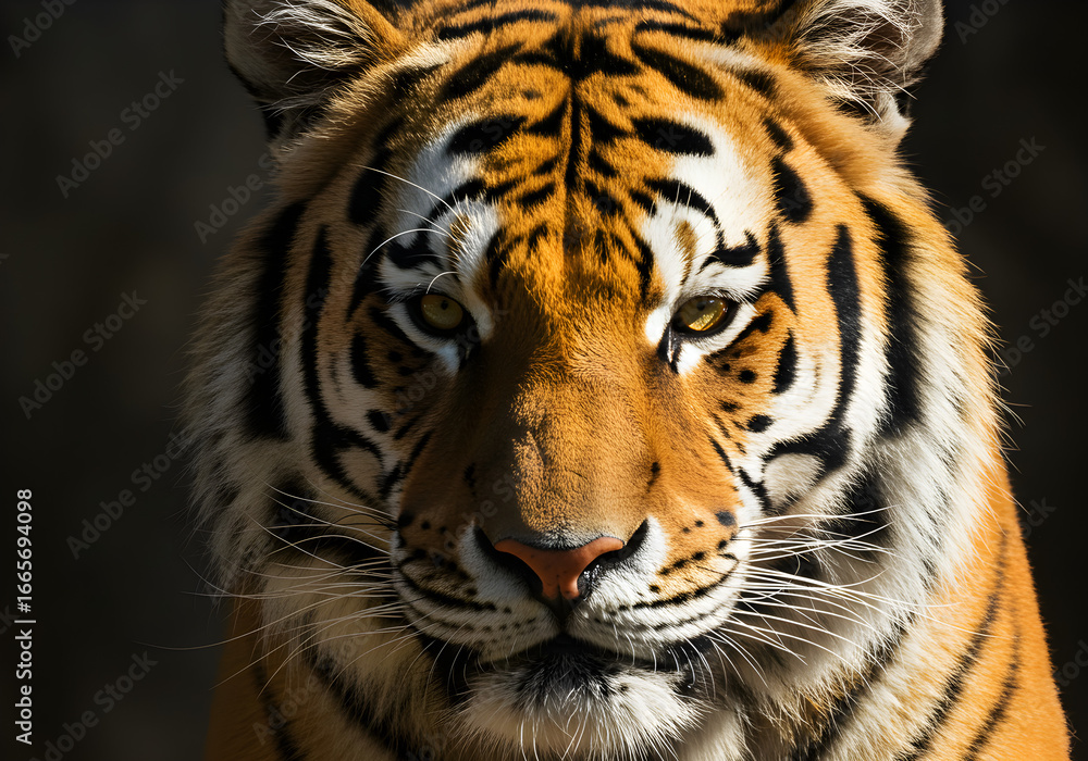 Naklejka premium Magnificent tiger stares intensely with golden eyes, a powerful symbol of nature's beauty and strength in wildlife conservation and animal protection campaigns