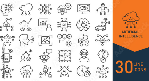 Collection of 30 modern line icons representing artificial intelligence machine learning robotics and data technology