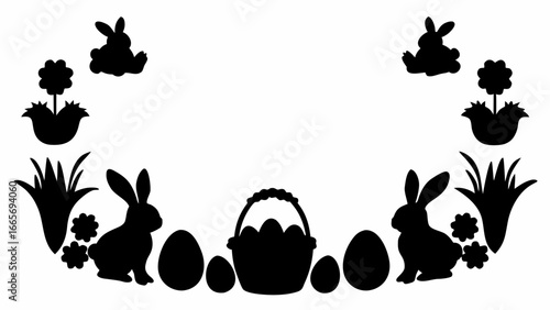 Silhouette easter scene with bunnies, easter basket, eggs, flowers, and grass arranged symmetrically