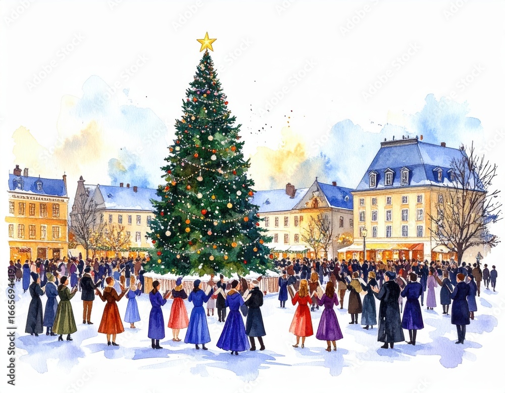 Obraz premium Watercolor depiction of a joyous Christmas gathering in a festive town square