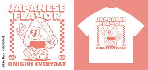 Japanese onigiri cartoon mascot character in playful hand drawn style. Perfect for t-shirt design, apparel prints, posters, stickers, and fun food illustrations