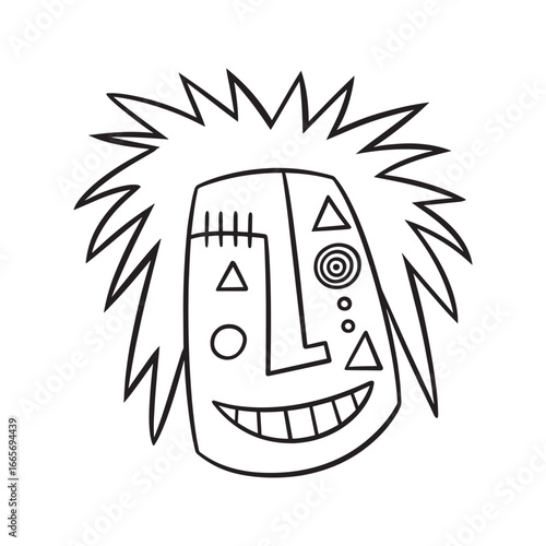 Hand-drawn abstract face illustration in a primitive, cubist style. Black and white sketch of a strange smiling character with spiky hair.
