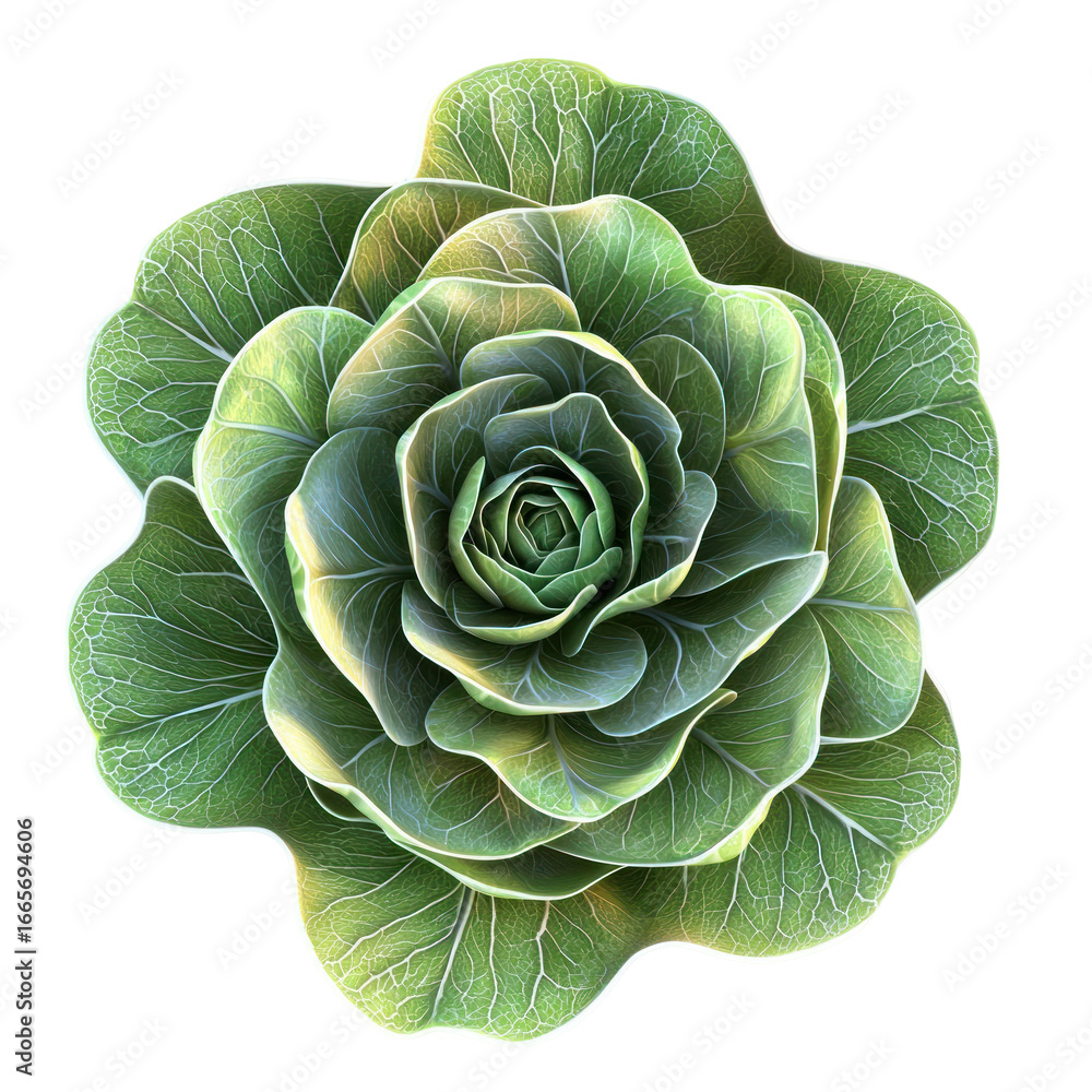 Fototapeta premium Detailed Green Cabbage Isolated on Transparent Background with Textured Leaves and Central Spiral