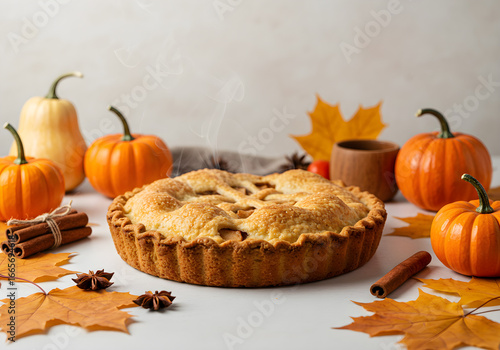 Warm apple pie with pumpkins and autumn leaves evokes cozy fall vibes, perfect for Thanksgiving gatherings and seasonal baking promotions for restaurants