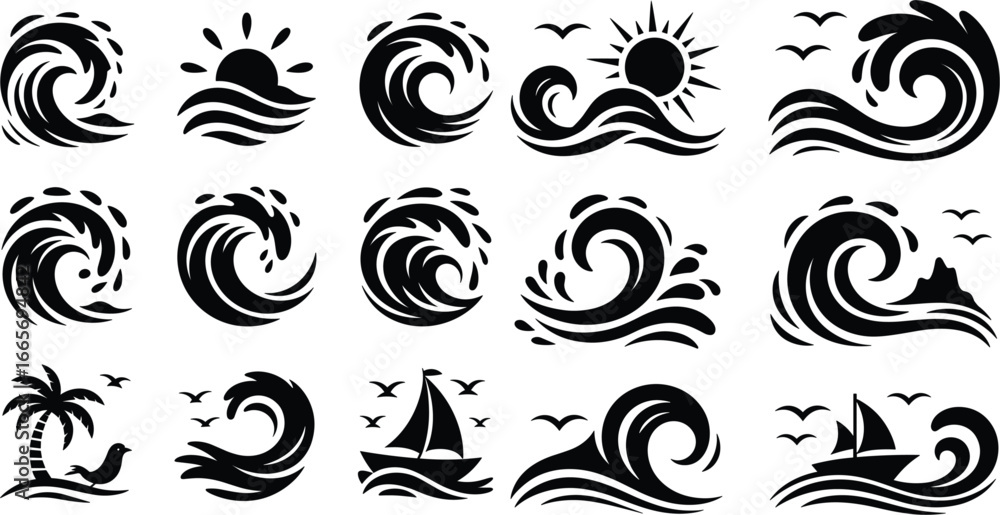 Fototapeta premium Vector Set of Black and White Sea Waves Sun and Sailboat Icons