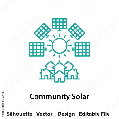 Vector art of community solar panels providing renewable energy to homes