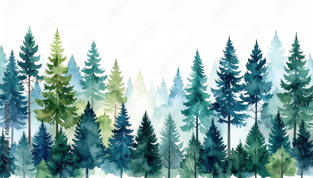 Fototapeta premium Watercolor painting of a forest with different shades of green and blue trees