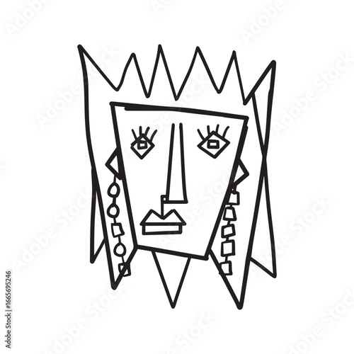 Hand-drawn abstract portrait of a woman's face in a naive, geometric cubist style. Simple black and white line art sketch on a white background