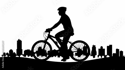 Silhouette of a cyclist riding a bicycle with a city skyline in the background on a white background scene