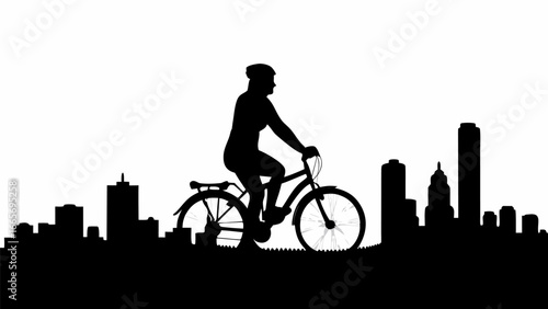 Silhouette of cyclist riding a bicycle against a cityscape background with buildings and structures seen