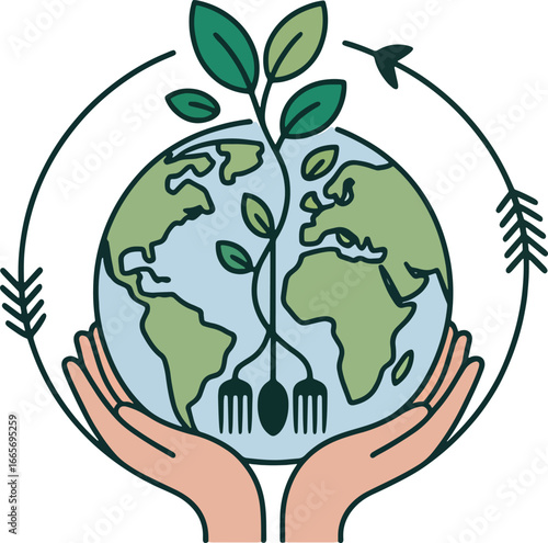 Hands holding earth with growing plant and recycling arrows