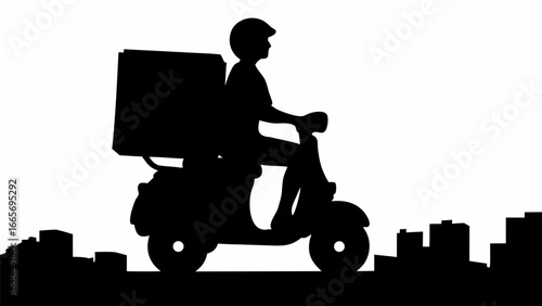 Silhouette of delivery person on scooter with box against cityscape background in black and white style