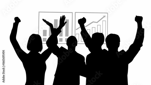 Silhouette of celebrating people with raised arms in front of rising graph charts representing success