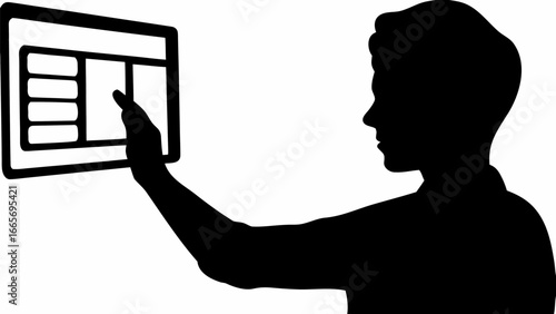 Silhouette of person interacting with a touchscreen interface with menu options and a display area present
