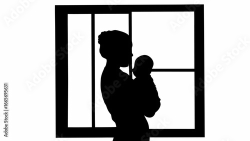 Silhouette of mother holding baby in front of window with multiple panes in black and white image style