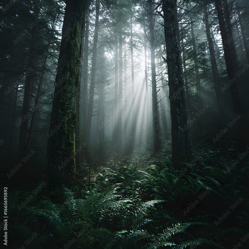 Obraz premium Ethereal Forest Sunlight Streaming Through Tall Trees and Green Ferns