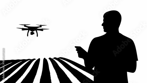 Silhouette of a man operating a drone over a field, with the drone and field in clear focus and detail