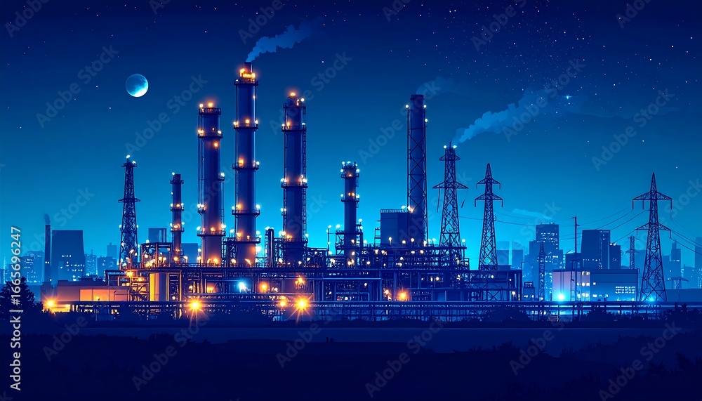 Fototapeta premium A vibrant nighttime cityscape showcases a large industrial complex, illuminated by numerous lights, against a backdrop of a dark blue sky filled with stars and a crescent moon.