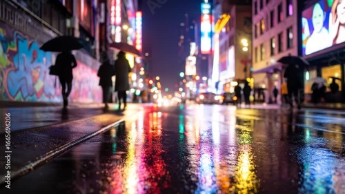 Wallpaper Mural Rainy city night scene with blurred pedestrians and vibrant light reflections Torontodigital.ca
