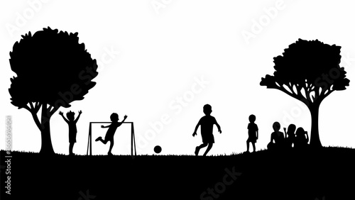 Silhouette of children playing soccer in a park with trees and a goal post on a sunny day outdoors