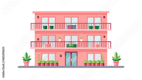 Pink apartment building vector illustration with balconies and plants for real estate design use