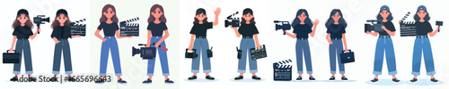 Woman Videographer and Film Director Vector Set – Female with Camera, Clapperboard, and Movie Production Equipment