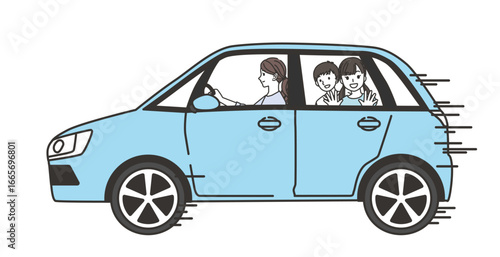 母親が運転し子供たちが楽しそうに車窓から外を見るドライブ
