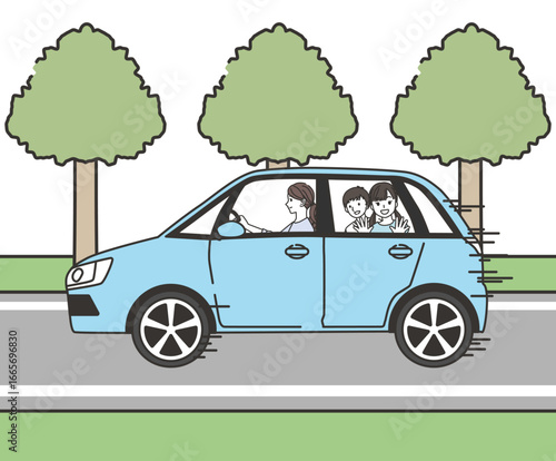 母親が運転し子供たちと木々の並ぶ道路を楽しくドライブ