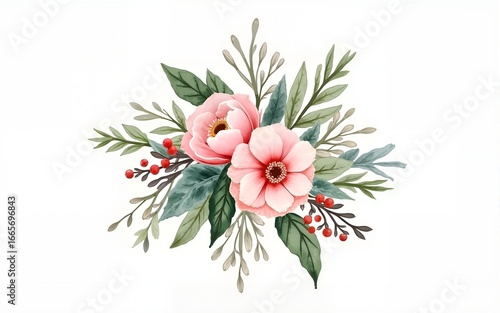 Watercolor Winter Christmas bouquet with foliage, flowers, and berries. High quality