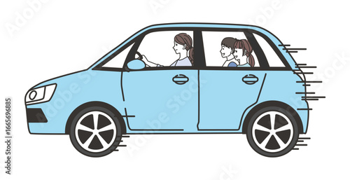  母親が運転し後部座席に子供二人が乗る車の家族ドライブ