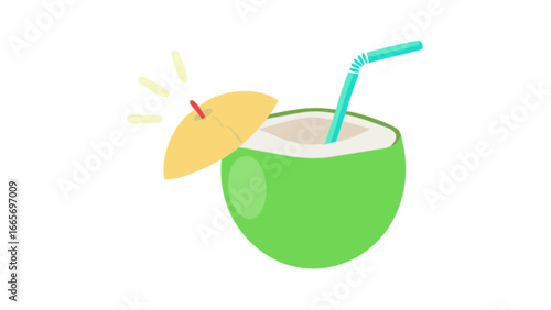 Fresh coconut drink with straw and umbrella vector illustration for summer vacation and tropical theme