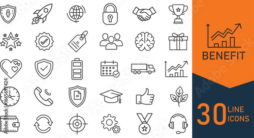 Collection of 30 minimal line icons representing business benefits including growth security teamwork success and customer support