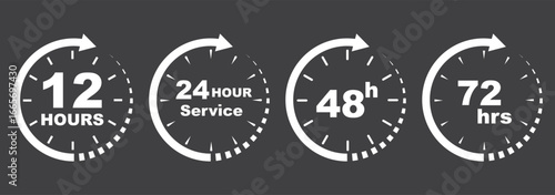 Black and white clock icons showing 7, 12, 24, 48, and 72 hour turnaround times. Watch and stopwatch, clock and alarm. Fast delivery and shipping stickers. Vector illustrations. Eps 10
