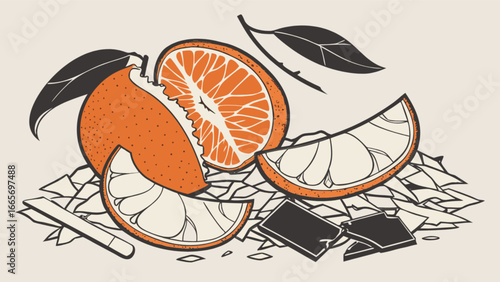 Illustration of fresh orange slices and chocolate pieces, healthy food, citrus fruit, vitamin c rich