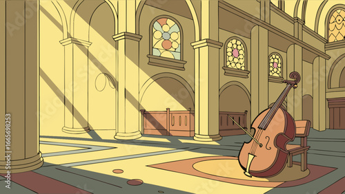 Illustration of cello in church interior with stained glass windows and sunlight streaming in design