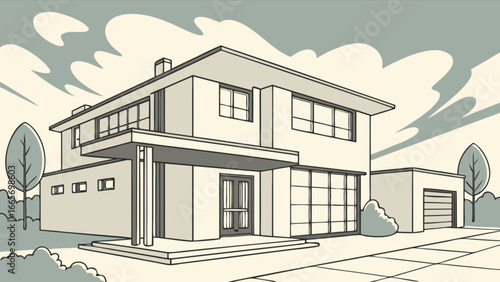 Modern house design illustration for real estate and architecture showcasing home exterior and landscape