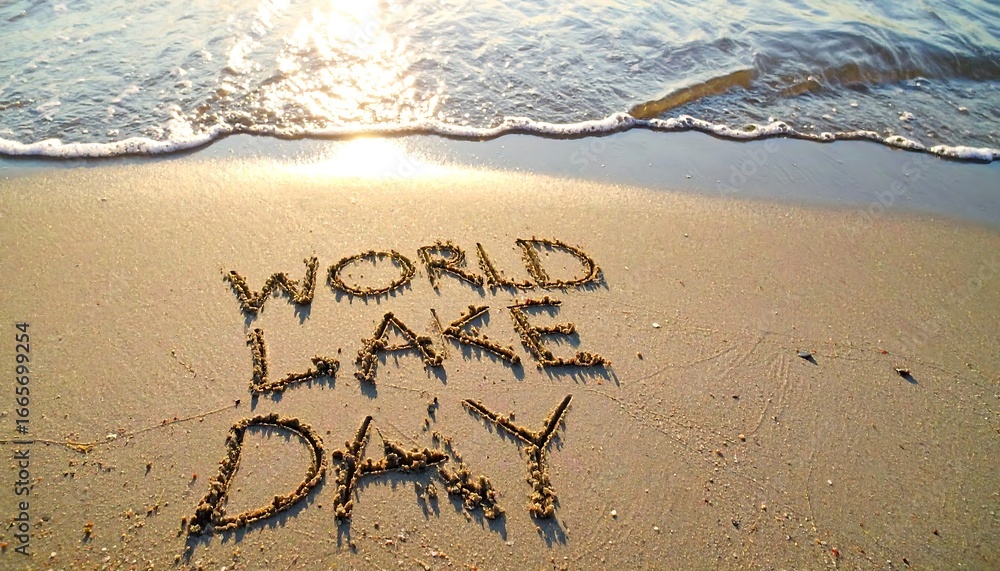 Fototapeta premium World Lake Day message written in the sand on a beach at sunrise.