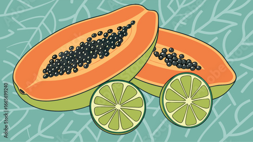 Delicious papaya and lime fruit slices illustration for healthy eating and tropical food designs