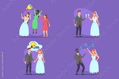 Vibrant collection of wedding festivities, featuring couples toasting, friends celebrating, and warm moments shared. Love and togetherness concept