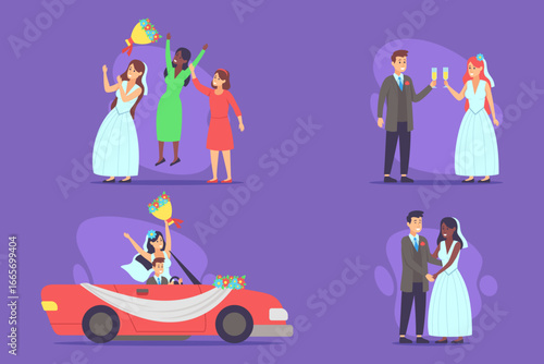Joyful wedding set featuring couples exchanging vows, friends celebrating with cheers, and car decorated for occasion. Love and happiness concept